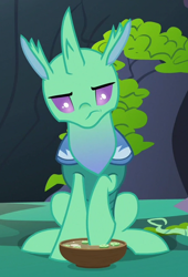 Size: 452x663 | Tagged: safe, screencap, species:changeling, species:reformed changeling, episode:to change a changeling, g4, my little pony: friendship is magic, cropped, food, frown, looking down, sitting, solo, soup, soupling, unamused