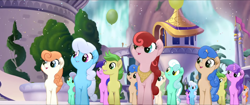 Size: 1920x808 | Tagged: safe, screencap, character:linky, character:shoeshine, species:earth pony, species:pony, species:unicorn, g4, my little pony: the movie (2017), background pony, balloon, canterlot, clones, confetti, female, friendship festival, group, male, marching, mare, neckerchief, singing, stallion, toadstool blossom, unnamed character, unnamed pony, waterfall, we got this together