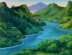 Size: 1200x907 | Tagged: safe, screencap, species:bird, episode:the ghost of paradise estate, g1, my little pony 'n friends, dream valley, forest, mountain, river, scenery, tree