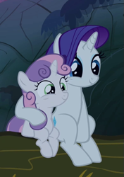Size: 387x549 | Tagged: safe, screencap, character:rarity, character:sweetie belle, episode:sleepless in ponyville, g4, my little pony: friendship is magic, cropped, cuddling, cute, diasweetes, duo, female, raribetes, siblings, sisterbetes, sisters, sitting, smiling