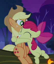 Size: 479x565 | Tagged: safe, screencap, character:apple bloom, character:applejack, episode:sleepless in ponyville, g4, my little pony: friendship is magic, adorabloom, apple sisters, cropped, cute, duo, eyes closed, hug, siblings, sisterbetes, sisters, sitting, smiling