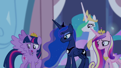 Size: 1280x720 | Tagged: safe, screencap, character:princess cadance, character:princess celestia, character:princess luna, character:twilight sparkle, character:twilight sparkle (alicorn), species:alicorn, species:pony, episode:twilight's kingdom, g4, my little pony: friendship is magic, alicorn tetrarchy, ethereal mane, female, galaxy mane, jewelry, looking back, mare, peytral, tiara, worried, you'll play your part