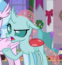 Size: 591x616 | Tagged: safe, screencap, character:ocellus, character:silverstream, species:changedling, episode:the hearth's warming club, g4, my little pony: friendship is magic, cropped, ocellus is not amused, offscreen character, open mouth, solo, unamused