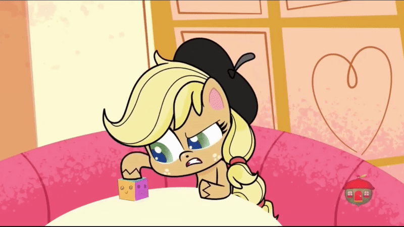 Size: 800x450 | Tagged: safe, screencap, character:applejack, species:earth pony, species:pony, episode:how applejack got her hat back, g4.5, my little pony:pony life, spoiler:pony life s01e04, animated, annoyed, beret, clothing, female, gif, gritted teeth, hat, looking at something, mare, solo, squish, squishy cube, table, treehouse logo