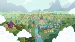 Size: 1280x720 | Tagged: safe, screencap, background, canterlot castle, carousel boutique, cloud, cloudy, no pony, ponyville, ponyville schoolhouse, ponyville town hall, sugarcube corner, sweet apple acres, sweet apple acres barn, tents, water fountain, windmill