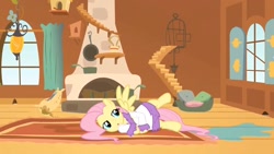 Size: 1280x720 | Tagged: safe, screencap, character:fluttershy, species:pony, episode:hurricane fluttershy, g4, my little pony: friendship is magic, bathrobe, clothing, fluttershy's cottage, robe, solo