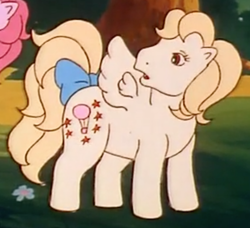 Size: 439x400 | Tagged: safe, screencap, character:lofty, species:pegasus, species:pony, episode:bright lights, g1, my little pony 'n friends, bow, female, looking over shoulder, mare, solo focus, tail bow