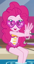 Size: 330x623 | Tagged: safe, screencap, character:pinkie pie, episode:i'm on a yacht, g4, my little pony:equestria girls, clothing, cropped, cute, diapinkes, female, heart glasses, heart shaped glasses, solo, swimsuit