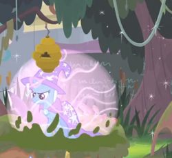 Size: 415x380 | Tagged: safe, screencap, character:trixie, species:pony, species:unicorn, episode:a horse shoe-in, g4, my little pony: friendship is magic, beehive, cape, clothing, cropped, female, force field, hat, magic, mare, solo, trixie's cape, trixie's hat