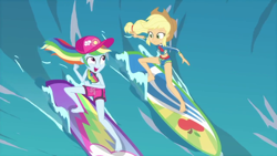 Size: 1280x720 | Tagged: safe, screencap, character:applejack, character:rainbow dash, episode:blue crushed (a.k.a baewatch), g4, my little pony:equestria girls, female, geode of super speed, geode of super strength, lesbian, magical geodes, shipping, surfboard, surfing