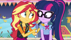 Size: 1920x1080 | Tagged: safe, screencap, character:sunset shimmer, character:twilight sparkle, character:twilight sparkle (scitwi), species:eqg human, equestria girls:rollercoaster of friendship, g4, my little pony:equestria girls, duo, duo female, female, geode of empathy, geode of telekinesis, magical geodes, tickets