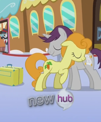 Size: 556x674 | Tagged: safe, screencap, character:all aboard, character:carrot top, character:golden harvest, character:written script, episode:games ponies play, g4, my little pony: friendship is magic, hub logo, train, train station