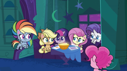 Size: 1920x1080 | Tagged: safe, screencap, character:applejack, character:fluttershy, character:pinkie pie, character:rainbow dash, character:rarity, character:twilight sparkle, character:twilight sparkle (alicorn), species:alicorn, species:earth pony, species:pegasus, species:pony, species:unicorn, episode:campfire stories, g4.5, my little pony:pony life, spoiler:pony life s01e16, cellphone, couch, mane six, phone, sitting, smartphone, table