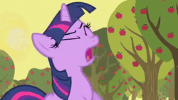 Size: 960x540 | Tagged: safe, screencap, character:twilight sparkle, character:twilight sparkle (unicorn), species:pony, species:unicorn, episode:over a barrel, g4, my little pony: friendship is magic, animated, apple, apple tree, female, floppy ears, hoofy-kicks, horses doing horse things, mare, rearing, solo, sound, squeak, sunny clear, tree, webm