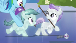 Size: 1920x1080 | Tagged: safe, screencap, character:glass slipper, character:hope, character:rainbow dash, species:crystal pony, species:pony, episode:games ponies play, g4, my little pony: friendship is magic, bush, crystal filly, filly, flag, flower, flying, foal, kidnapped