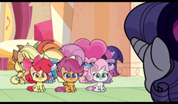 Size: 1024x600 | Tagged: safe, screencap, character:apple bloom, character:applejack, character:fluttershy, character:pinkie pie, character:rainbow dash, character:rarity, character:scootaloo, character:sweetie belle, character:twilight sparkle, character:twilight sparkle (alicorn), species:alicorn, species:pegasus, species:pony, episode:disappearing act, g4.5, my little pony:pony life, spoiler:pony life s01e12, 2020, applejack is not amused, cutie mark crusaders, female, filly, fluttershy is not amused, pinkie pie is not amused, rainbow dash is not amused, twilight is not amused, unamused