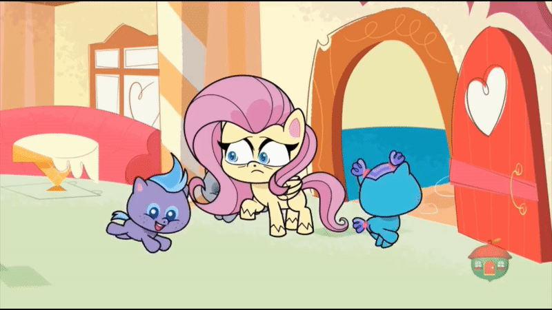 Size: 800x450 | Tagged: safe, screencap, character:fluttershy, species:pegasus, species:pony, episode:pinkie pie: hyper-helper, g4.5, my little pony:pony life, spoiler:pony life s01e06, animated, bags under eyes, colt, female, filly, foal, gif, male, raised hoof, running