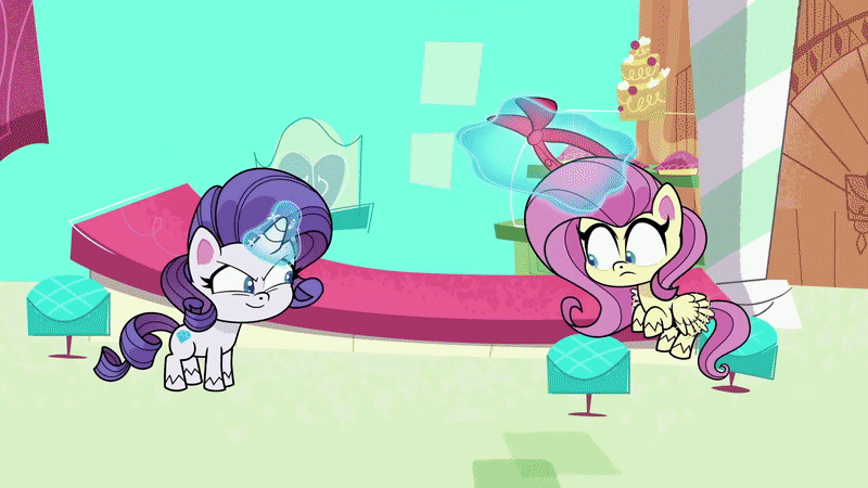 Size: 800x450 | Tagged: safe, screencap, character:fluttershy, character:rarity, species:pegasus, species:pony, species:unicorn, episode:bad thing no. 3, g4.5, my little pony:pony life, spoiler:pony life s01e05, animated, chair, counter, evil grin, floating, flying, gif, glowing eyes, grin, headband, lotus position, magic, magic aura, rubbing hooves, shrunken pupils, smiling, smugshy, sugarcube corner, swirly eyes, telekinesis, text, wings