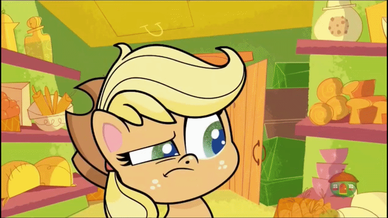 Size: 800x450 | Tagged: safe, screencap, character:applejack, character:rarity, species:earth pony, species:pony, species:unicorn, episode:bad thing no. 3, g4.5, my little pony:pony life, spoiler:pony life s01e05, animated, applejack's hat, cheek squish, cheek to cheek, clothing, confused, cowboy hat, food, freckles, gif, hat, hug, smiling, squishy cheeks, sugarcube corner