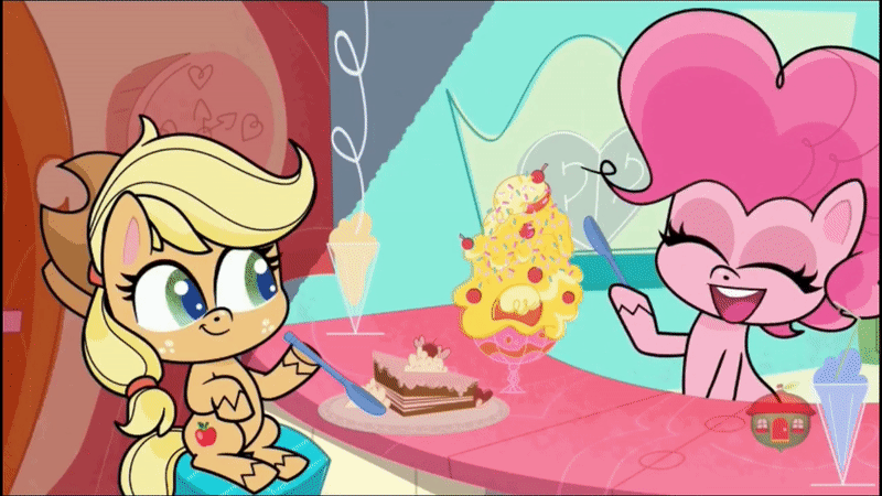 Size: 800x450 | Tagged: safe, screencap, character:applejack, character:pinkie pie, species:earth pony, species:pony, episode:bad thing no. 3, g4.5, my little pony:pony life, spoiler:pony life s01e05, animated, applejack is not amused, cake, counter, dessert, food, freckles, gif, glare, messy, pudding, sitting, spoon, sugarcube corner, unamused