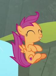 Size: 221x298 | Tagged: safe, screencap, character:scootaloo, species:pegasus, species:pony, episode:surf and/or turf, g4, my little pony: friendship is magic, cropped, cute, cutealoo, cutie mark, diving, eyes closed, female, filly, smiling, solo, the cmc's cutie marks