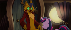 Size: 1912x804 | Tagged: safe, screencap, character:capper dapperpaws, character:twilight sparkle, character:twilight sparkle (alicorn), species:abyssinian, species:alicorn, species:pony, g4, my little pony: the movie (2017), female, male, mare