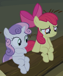 Size: 592x720 | Tagged: safe, screencap, character:apple bloom, character:sweetie belle, episode:sleepless in ponyville, g4, my little pony: friendship is magic, cropped, duo, log, sitting, uncomfortable