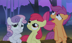 Size: 1262x766 | Tagged: safe, screencap, character:apple bloom, character:scootaloo, character:sweetie belle, species:pegasus, species:pony, episode:sleepless in ponyville, g4, my little pony: friendship is magic, cropped, cutie mark crusaders, log, open mouth, scared, sitting, smiling, trio, wavy mouth