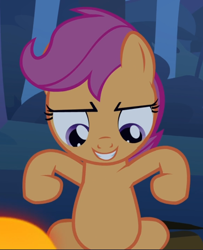 Size: 762x939 | Tagged: safe, screencap, character:scootaloo, species:pegasus, species:pony, episode:sleepless in ponyville, g4, my little pony: friendship is magic, confident, cropped, flexing, smiling, solo