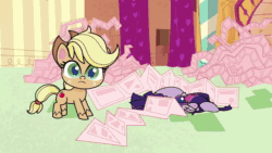 Size: 1920x1080 | Tagged: safe, screencap, character:applejack, character:twilight sparkle, character:twilight sparkle (alicorn), species:alicorn, species:pony, episode:badge of shame, g4.5, my little pony:pony life, spoiler:pony life s01e13, animated, breaking the fourth wall, looking at the camera, looking at you, sound, talking to viewer, twibreaking, twilight got anxious and worked up, webm
