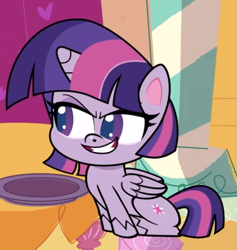 Size: 567x597 | Tagged: safe, screencap, character:twilight sparkle, character:twilight sparkle (alicorn), species:alicorn, species:pony, episode:the fast and the furriest, g4.5, my little pony:pony life, spoiler:pony life s01e11, confident, cropped, evil grin, grin, sitting, smiling, solo