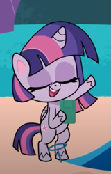 Size: 321x503 | Tagged: safe, screencap, character:twilight sparkle, character:twilight sparkle (alicorn), species:alicorn, species:pony, episode:a camping we will go, g4.5, my little pony:pony life, spoiler:pony life s01e15, bipedal, calculator, cropped, eyes closed, open mouth, raised hoof, smiling, solo