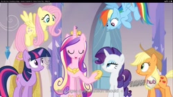 Size: 1920x1080 | Tagged: safe, screencap, character:applejack, character:fluttershy, character:princess cadance, character:rainbow dash, character:rarity, character:twilight sparkle, episode:games ponies play, g4, my little pony: friendship is magic, dvd, hub logo, youtube caption