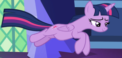 Size: 1232x590 | Tagged: safe, screencap, character:twilight sparkle, character:twilight sparkle (alicorn), species:alicorn, species:pony, episode:a health of information, g4, my little pony: friendship is magic, cropped, leaping, lidded eyes, midair, smiling, solo