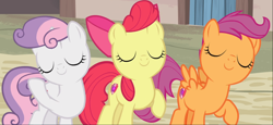 Size: 1598x733 | Tagged: safe, screencap, character:apple bloom, character:scootaloo, character:sweetie belle, species:earth pony, species:pegasus, species:pony, species:unicorn, episode:hard to say anything, g4, my little pony: friendship is magic, adorabloom, cropped, cute, cutealoo, cutie mark crusaders, diasweetes, eyes closed, mane flip, raised hoof, smiling, trio