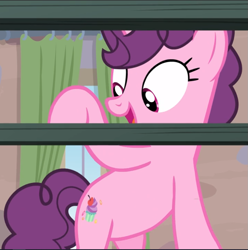 Size: 935x942 | Tagged: safe, screencap, character:sugar belle, episode:hard to say anything, g4, my little pony: friendship is magic, bipedal, cropped, cute, eyes closed, featureless crotch, hind legs, open mouth, shelves, smiling, solo, sugarbetes