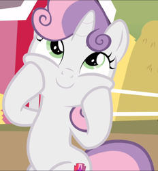 Size: 870x939 | Tagged: safe, screencap, character:sweetie belle, episode:hard to say anything, g4, my little pony: friendship is magic, cheek squish, cropped, cute, diasweetes, hooves on cheeks, smiling, solo, squishy cheeks