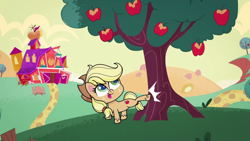 Size: 1920x1080 | Tagged: safe, screencap, character:applejack, species:earth pony, species:pony, g4.5, my little pony:pony life, apple, applebucking, applejack mid tree-buck facing the left with 3 apples falling down, applejack mid tree-buck with 3 apples falling down, blep, chibi, clothing, cowboy hat, falling, female, food, hat, looking up, mare, solo, sweet apple acres, tongue out, tree, unshorn fetlocks