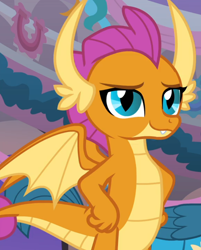 Size: 752x936 | Tagged: safe, screencap, character:gallus, character:smolder, species:dragon, species:griffon, episode:she's all yak, g4, my little pony: friendship is magic, cropped, dragoness, female, looking at you, smiling, solo, solo focus