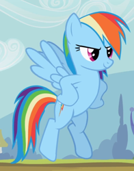 Size: 598x763 | Tagged: safe, screencap, character:rainbow dash, species:pegasus, species:pony, episode:the mysterious mare do well, g4, my little pony: friendship is magic, confident, cropped, flying, hooves on hips, smiling, solo, spread wings, wings