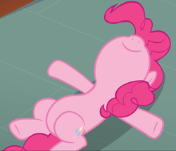 Size: 1083x931 | Tagged: safe, screencap, character:pinkie pie, species:earth pony, species:pony, episode:too many pinkie pies, g4, my little pony: friendship is magic, belly, cropped, cute, diapinkes, laying on ground, smiling, solo