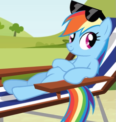 Size: 527x555 | Tagged: safe, screencap, character:rainbow dash, species:pegasus, species:pony, episode:too many pinkie pies, g4, my little pony: friendship is magic, chair, cropped, cute, dashabetes, reclining, smiling, solo, sunglasses