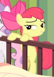 Size: 547x777 | Tagged: safe, screencap, character:apple bloom, episode:somepony to watch over me, g4, my little pony: friendship is magic, cropped, lidded eyes, offscreen character, smiling, smirk, smug, solo