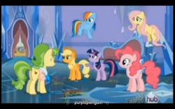 Size: 1024x640 | Tagged: safe, screencap, character:applejack, character:chickadee, character:fluttershy, character:ms. peachbottom, character:pinkie pie, character:rainbow dash, character:twilight sparkle, episode:games ponies play, g4, my little pony: friendship is magic, purplepwnguin, youtube caption