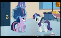 Size: 1024x640 | Tagged: safe, screencap, character:rarity, character:twilight sparkle, episode:games ponies play, g4, my little pony: friendship is magic, youtube caption