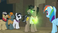 Size: 1920x1080 | Tagged: safe, screencap, character:biff, character:doctor caballeron, character:rainbow dash, character:rogue, character:withers, species:earth pony, species:pegasus, species:pony, episode:daring doubt, g4, my little pony: friendship is magic, female, glow, glowing eyes, henchmen, male, mare, stallion, truth talisman
