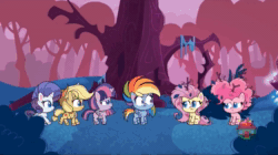 Size: 1920x1072 | Tagged: safe, screencap, character:applejack, character:fluttershy, character:pinkie pie, character:rainbow dash, character:rarity, character:twilight sparkle, character:twilight sparkle (alicorn), species:alicorn, species:earth pony, species:pegasus, species:pony, species:unicorn, episode:bighoof walking, g4.5, my little pony:pony life, spoiler:pony life s01e09, animated, bush, embarrassed, messy mane, outdoors, sitting, sound, talking, tree, treehouse logo, webm, wings