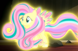 Size: 1339x885 | Tagged: safe, screencap, character:fluttershy, species:pegasus, species:pony, episode:do princesses dream of magic sheep?, cropped, glow, magic, rainbow power, rainbow power-ified, smiling, solo