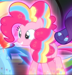 Size: 904x940 | Tagged: safe, screencap, character:pinkie pie, episode:do princesses dream of magic sheep?, cropped, glow, rainbow power, rainbow power-ified, smiling, solo