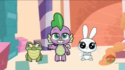 Size: 1920x1080 | Tagged: safe, screencap, character:angel bunny, character:gummy, character:spike, species:dragon, species:rabbit, episode:death of a sales-pony, g4.5, my little pony:pony life, spoiler:pony life s01e08, alligator, animal, treehouse logo, trio